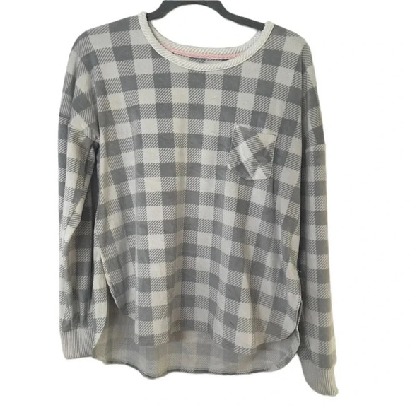 Cuddl Duds White and Gray Gingham Print Long Sleeve Fleece Top Size M - Picture 1 of 10